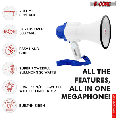 5 Core Megaphone 30W Bull Horn PA Speaker w 800 Yards Range USB Loud Siren Voice Amplifier Portable - Renee Lane Company