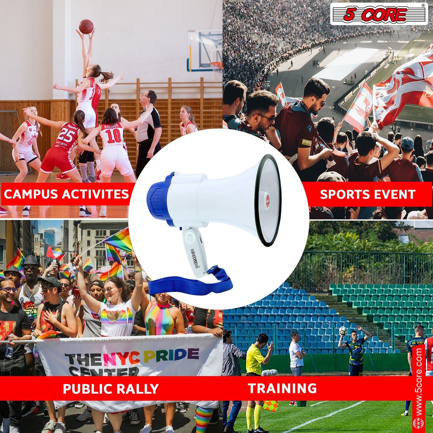 5 Core Megaphone 30W Bull Horn PA Speaker w 800 Yards Range USB Loud Siren Voice Amplifier Portable - Renee Lane Company