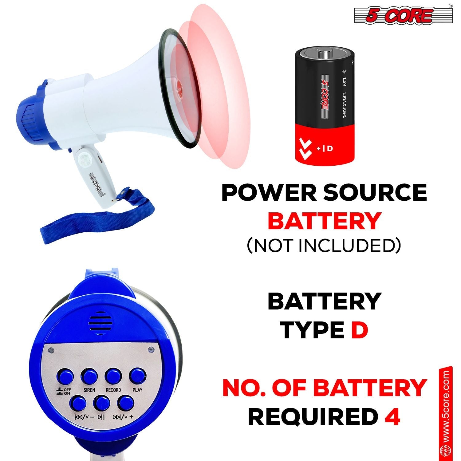5 Core Megaphone 30W Bull Horn PA Speaker w 800 Yards Range USB Loud Siren Voice Amplifier Portable - Renee Lane Company