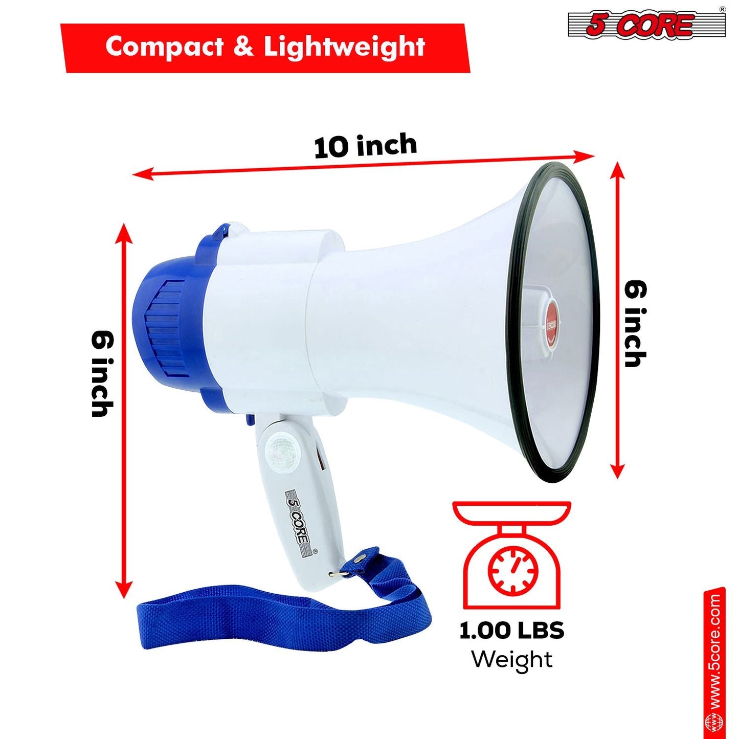 5 Core Megaphone 30W Bull Horn PA Speaker w 800 Yards Range USB Loud Siren Voice Amplifier Portable - Renee Lane Company
