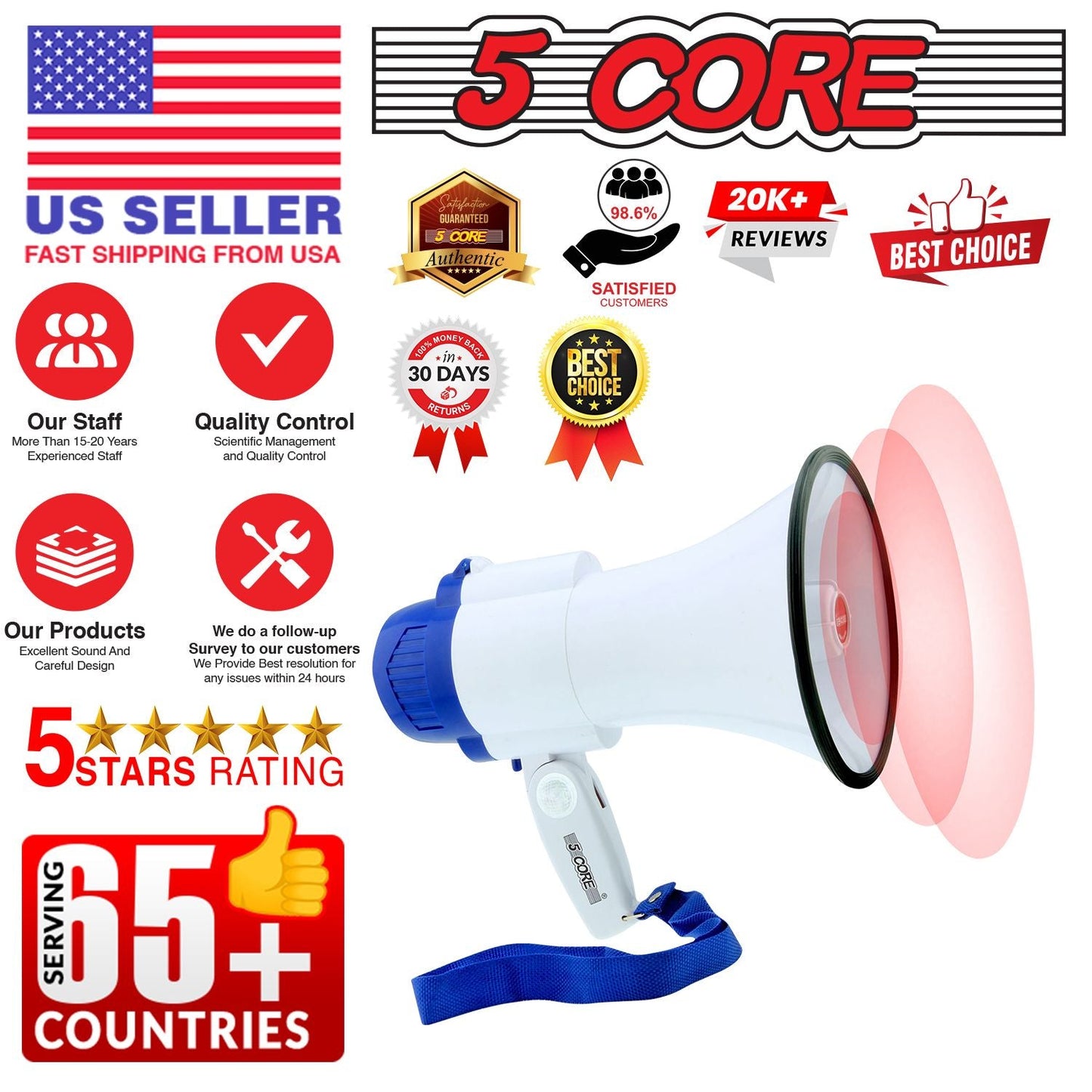 5 Core Megaphone 30W Bull Horn PA Speaker w 800 Yards Range USB Loud Siren Voice Amplifier Portable - Renee Lane Company