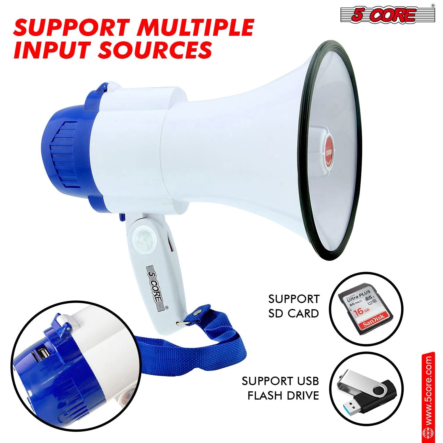 5 Core Megaphone 30W Bull Horn PA Speaker w 800 Yards Range USB Loud Siren Voice Amplifier Portable - Renee Lane Company