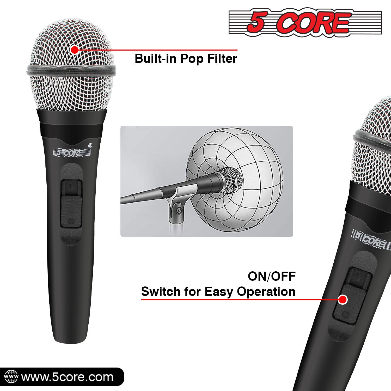 5 Core Microphone XLR Dynamic Mic Karaoke Singing Handheld Microfono Wired Professional Unidirectional 1/4 Plug In Cord Connection for Vocal DJ Music - PM 600 - Renee Lane Company