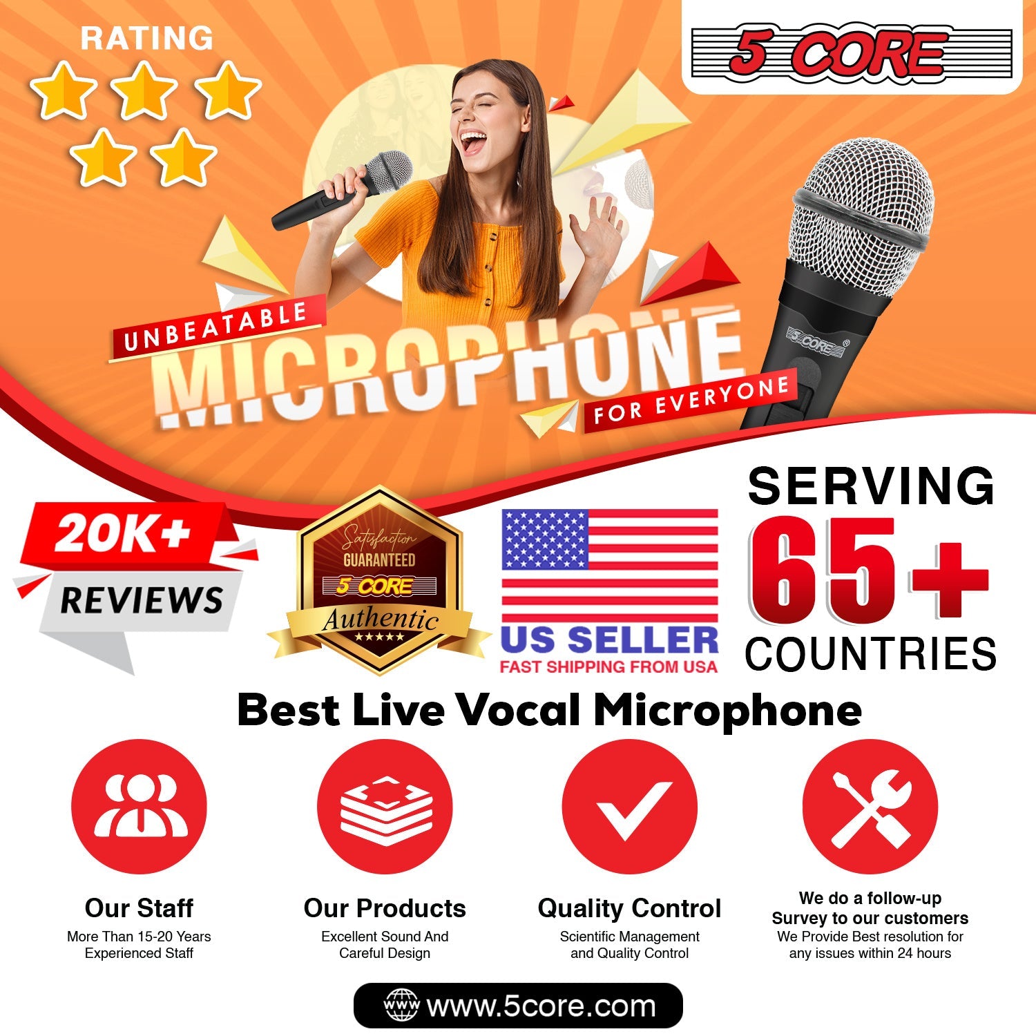 5 Core Microphone XLR Dynamic Mic Karaoke Singing Handheld Microfono Wired Professional Unidirectional 1/4 Plug In Cord Connection for Vocal DJ Music - PM 600 - Renee Lane Company