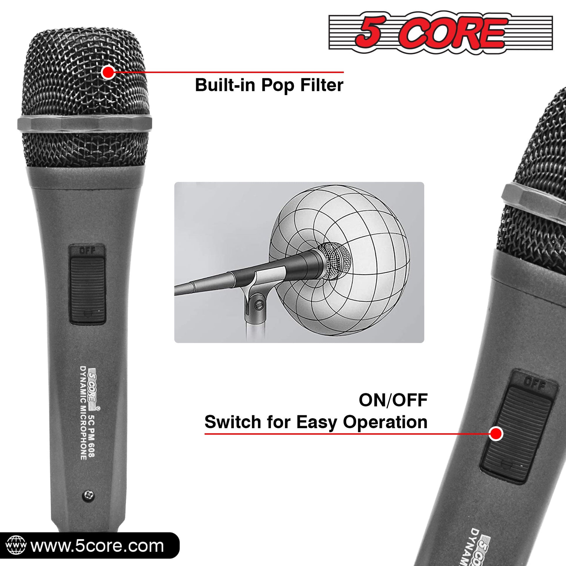 5 Core Microphone XLR Dynamic Mic Karaoke Singing Handheld Microfono Wired Professional Unidirectional 1/4 Plug In Cord Connection for Vocal DJ Music - PM 608 - Renee Lane Company