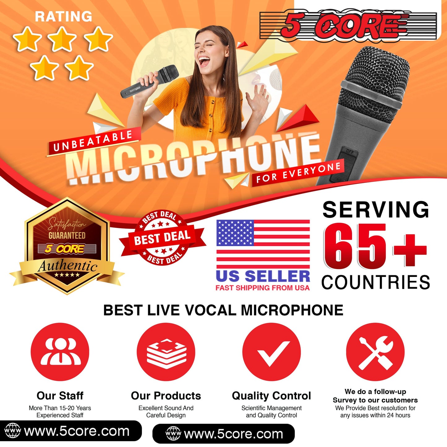5 Core Microphone XLR Dynamic Mic Karaoke Singing Handheld Microfono Wired Professional Unidirectional 1/4 Plug In Cord Connection for Vocal DJ Music - PM 608 - Renee Lane Company