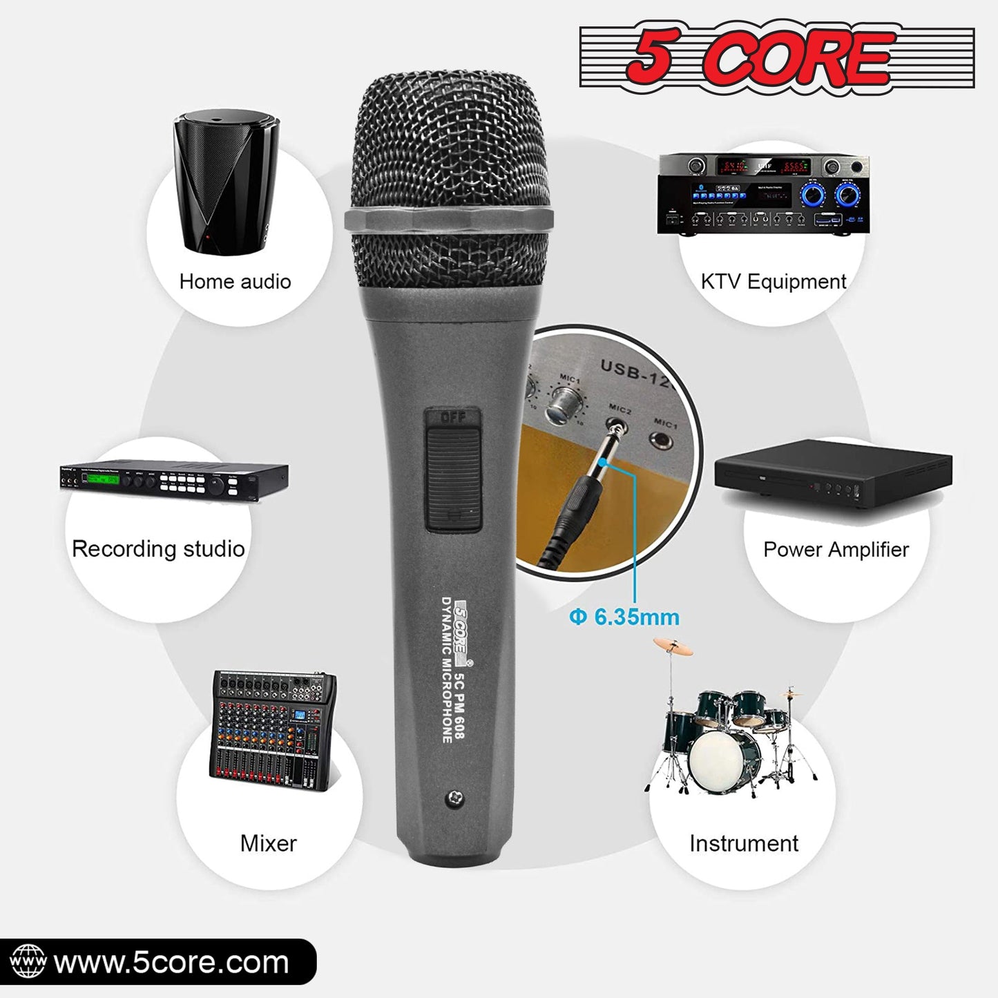 5 Core Microphone XLR Dynamic Mic Karaoke Singing Handheld Microfono Wired Professional Unidirectional 1/4 Plug In Cord Connection for Vocal DJ Music - PM 608 - Renee Lane Company