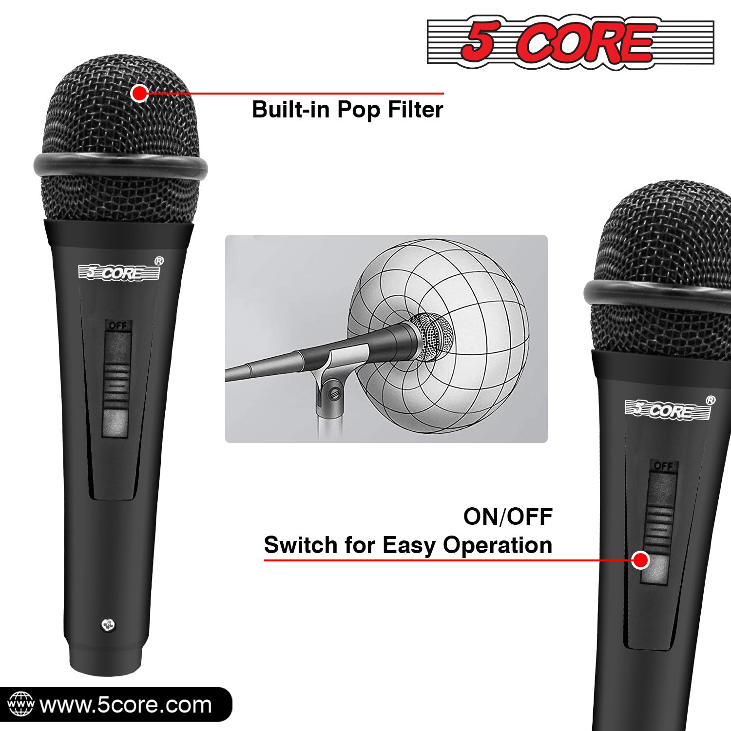 5 Core Microphone XLR Dynamic Mic Karaoke Singing Handheld Microfono Wired Professional Unidirectional 1/4 Plug In Cord Connection for Vocal DJ Music - PM 816 - Renee Lane Company