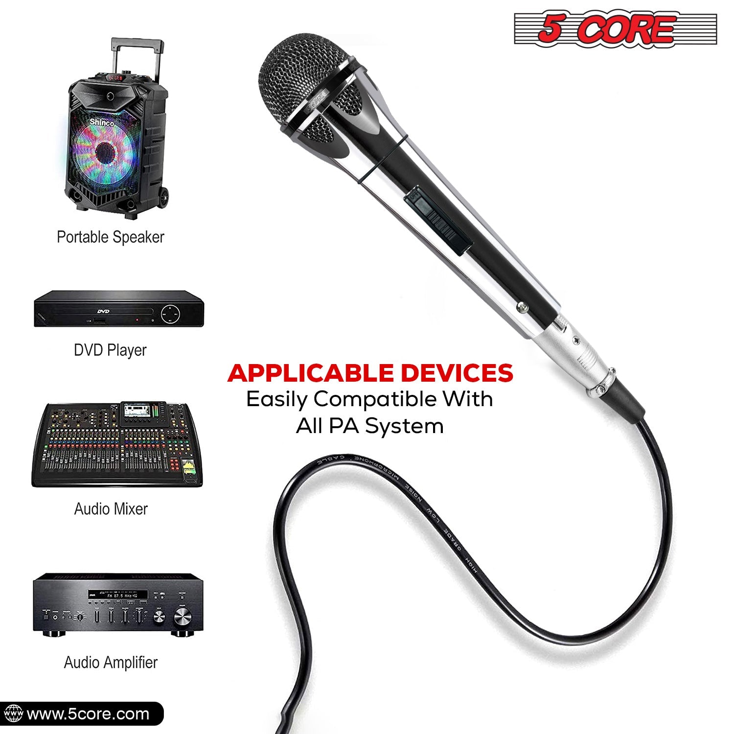 5 Core Microphone XLR Dynamic Mic Karaoke Singing Handheld Microfono Wired Professional Unidirectional 1/4 Plug In Cord Connection for Vocal DJ Music - PM 817 CH - Renee Lane Company