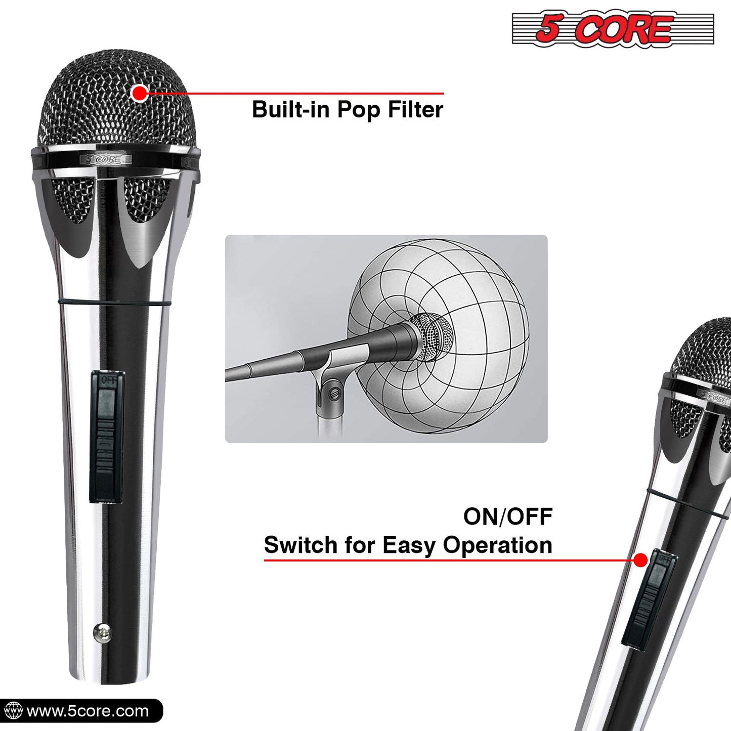 5 Core Microphone XLR Dynamic Mic Karaoke Singing Handheld Microfono Wired Professional Unidirectional 1/4 Plug In Cord Connection for Vocal DJ Music - PM 817 CH - Renee Lane Company