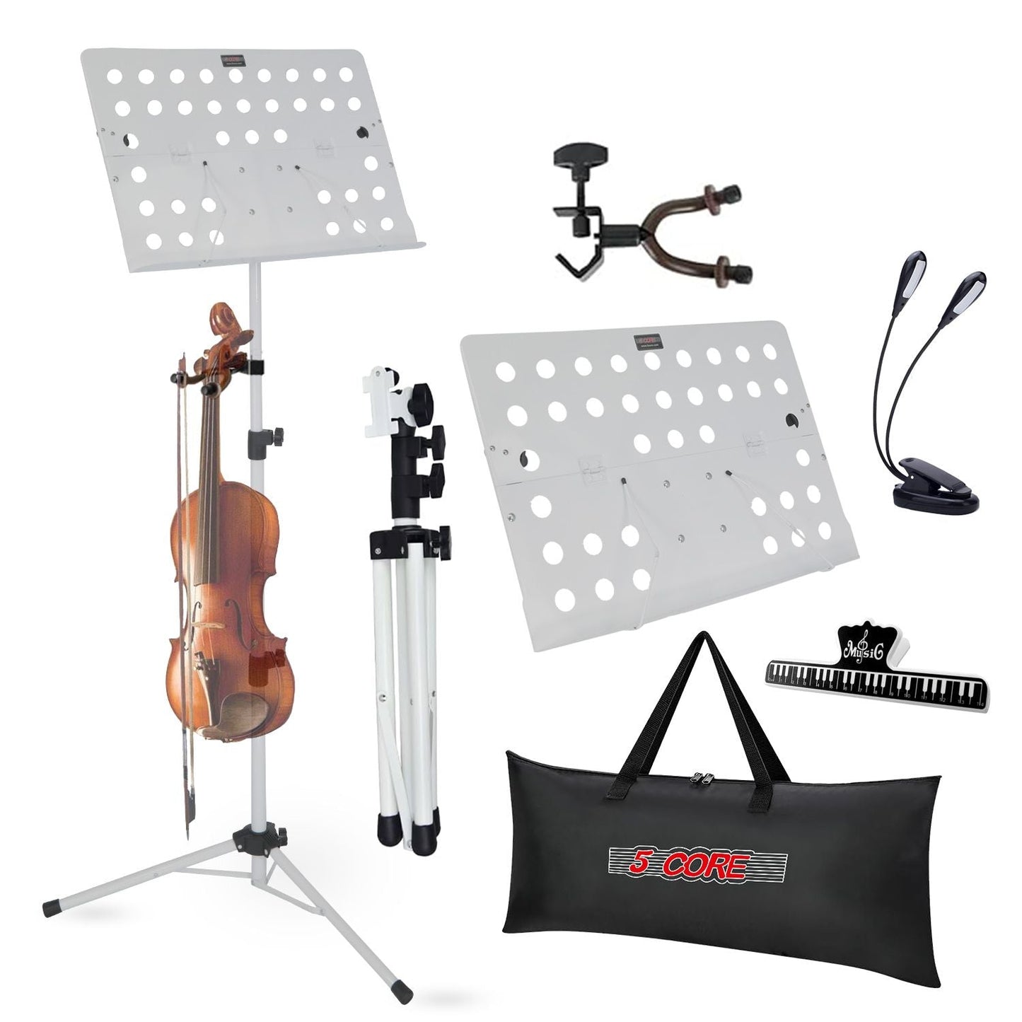 5 Core Music Stand For Sheet Music Height Adjustable Portable Folding Atril Para Partituras w Light Clip for Guitar Players Violinists Cellists Pianists - MUS FLD HD ACC WH - Renee Lane Company