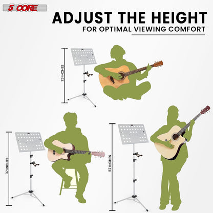 5 Core Music Stand For Sheet Music Height Adjustable Portable Folding Atril Para Partituras w Light Clip for Guitar Players Violinists Cellists Pianists - MUS FLD HD ACC WH - Renee Lane Company