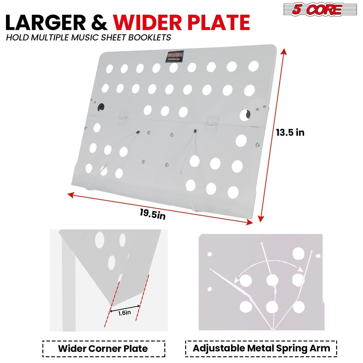 5 Core Music Stand For Sheet Music Height Adjustable Portable Folding Atril Para Partituras w Light Clip for Guitar Players Violinists Cellists Pianists - MUS FLD HD ACC WH - Renee Lane Company