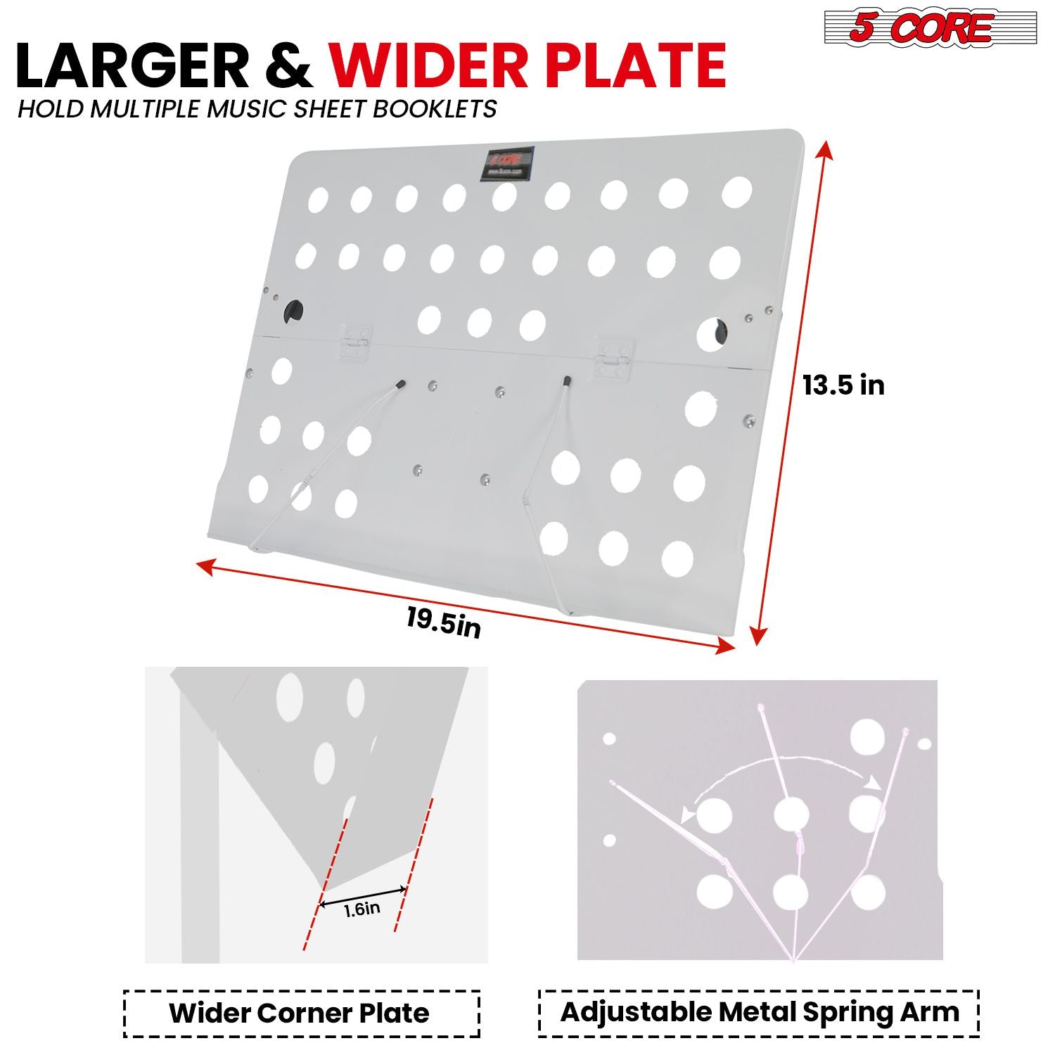5 Core Music Stand For Sheet Music Height Adjustable Portable Folding Atril Para Partituras w Light Clip for Guitar Players Violinists Cellists Pianists - MUS FLD HD ACC WH - Renee Lane Company