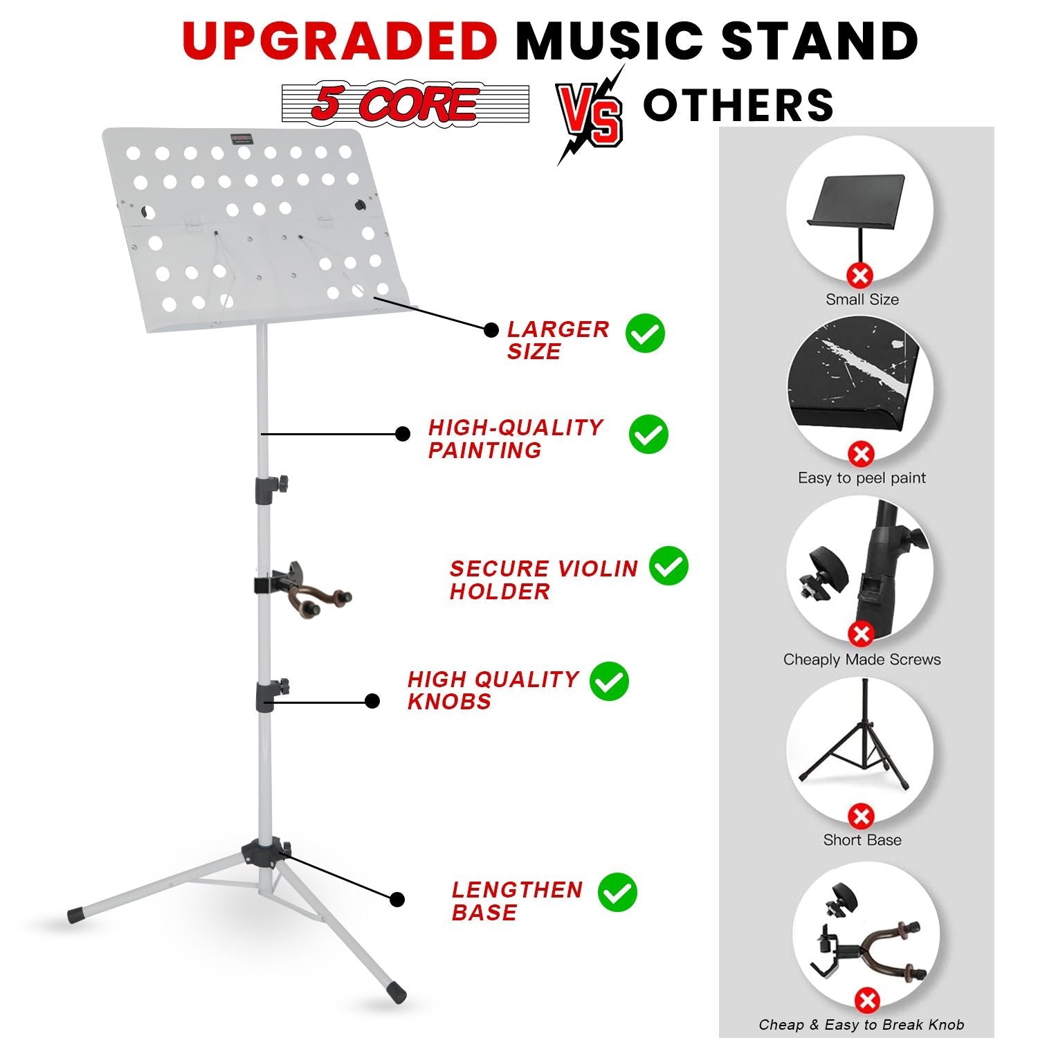 5 Core Music Stand For Sheet Music Height Adjustable Portable Folding Atril Para Partituras w Light Clip for Guitar Players Violinists Cellists Pianists - MUS FLD HD ACC WH - Renee Lane Company