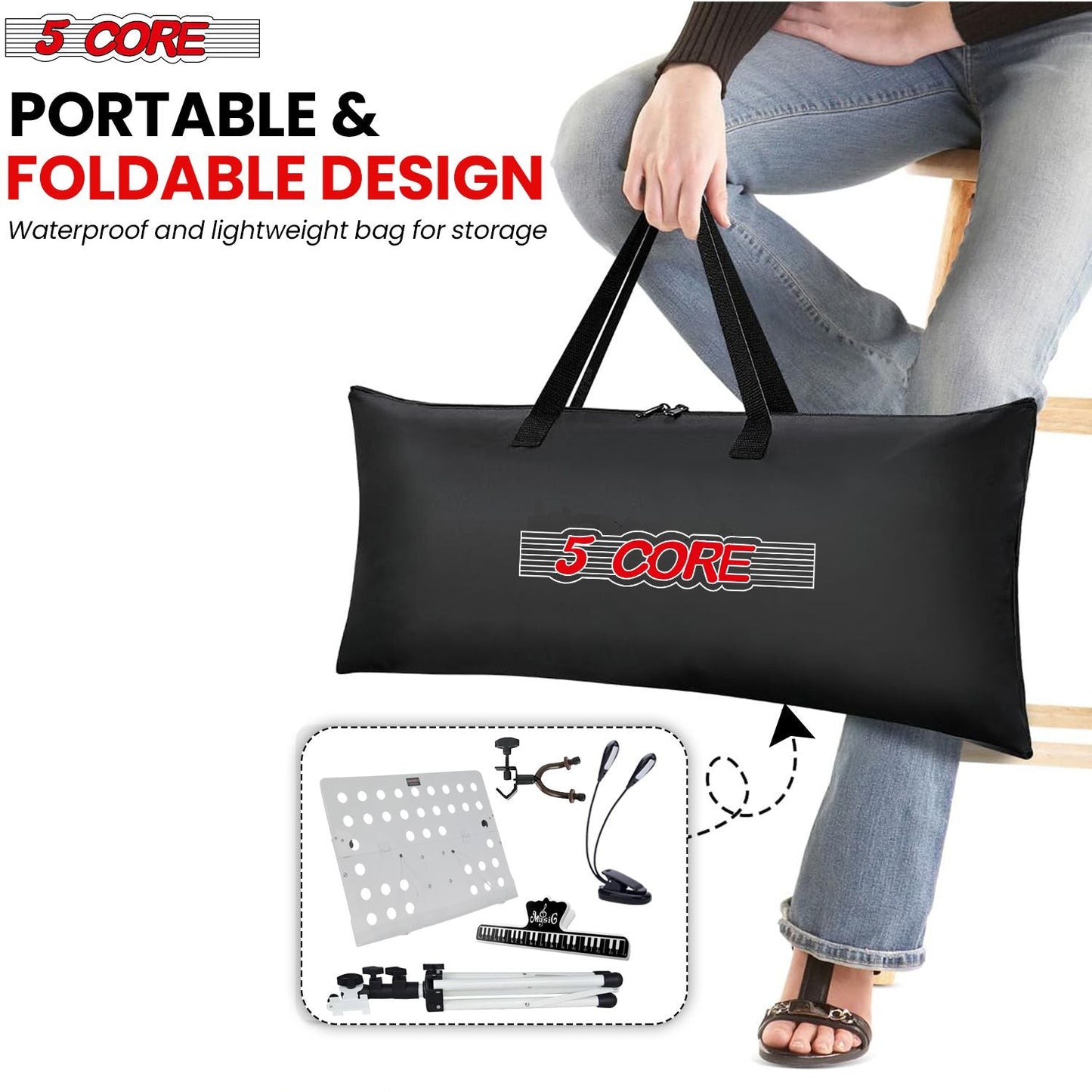 5 Core Music Stand For Sheet Music Height Adjustable Portable Folding Atril Para Partituras w Light Clip for Guitar Players Violinists Cellists Pianists - MUS FLD HD ACC WH - Renee Lane Company
