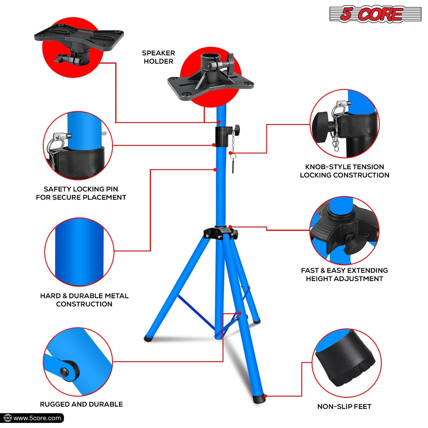 5 Core Speaker Stand Tripod Floor Heavy Duty Adjustable Up to 72 Inch DJ Studio Monitor Stands Pole Mount- SS HD SKY BLU BAG - Renee Lane Company