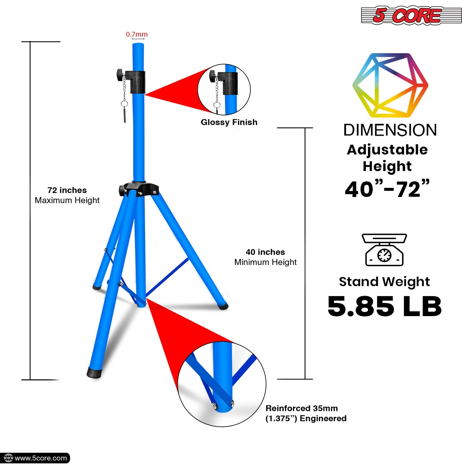 5 Core Speaker Stand Tripod Floor Heavy Duty Adjustable Up to 72 Inch DJ Studio Monitor Stands Pole Mount- SS HD SKY BLU BAG - Renee Lane Company