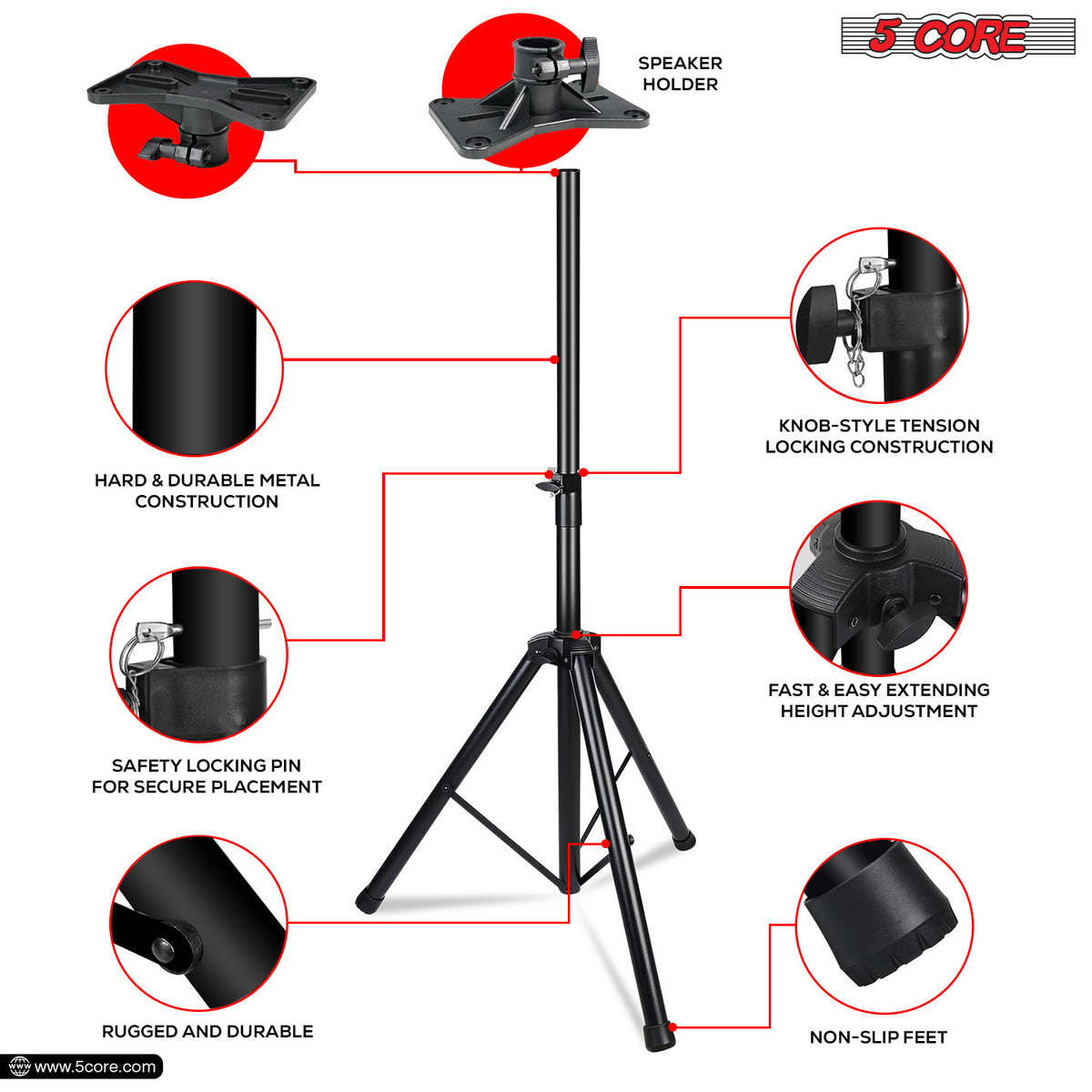 5 Core Speaker Stand Tripod Heavy Duty Adjustable Up to 72 Inch DJ Studio Monitor Stands Pole Mount - SS HD BLK WOB - Renee Lane Company