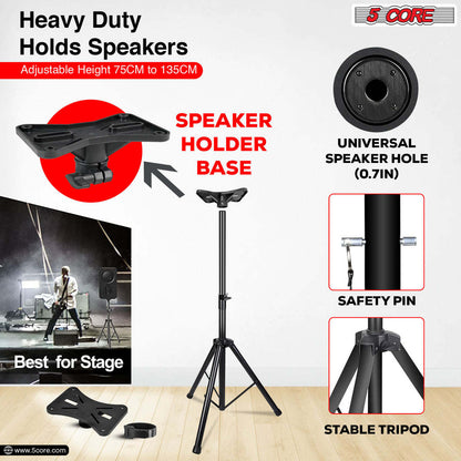 5 Core Speaker Stand Tripod Heavy Duty Adjustable Up to 72 Inch DJ Studio Monitor Stands Pole Mount - SS HD BLK WOB - Renee Lane Company