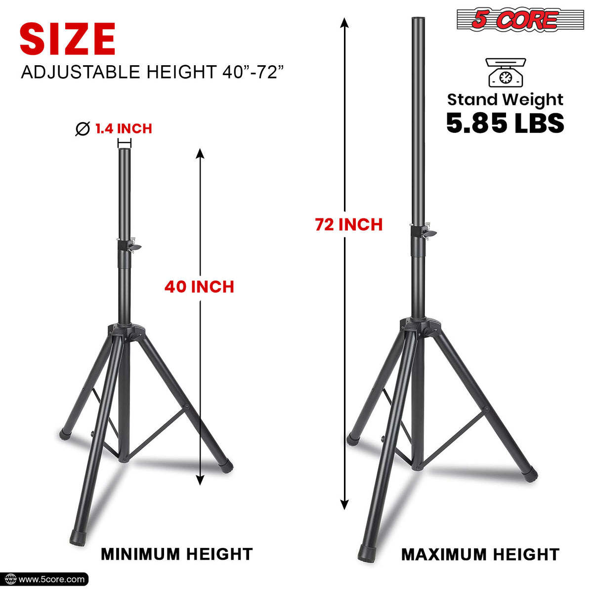 5 Core Speaker Stand Tripod Heavy Duty Adjustable Up to 72 Inch DJ Studio Monitor Stands Pole Mount - SS HD BLK WOB - Renee Lane Company