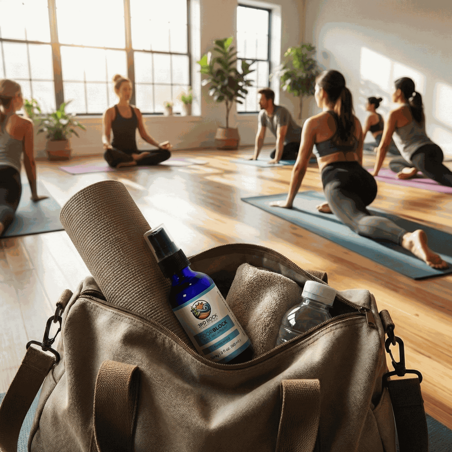 Unscented body deodorant spray bottle inside a gray carry bag.