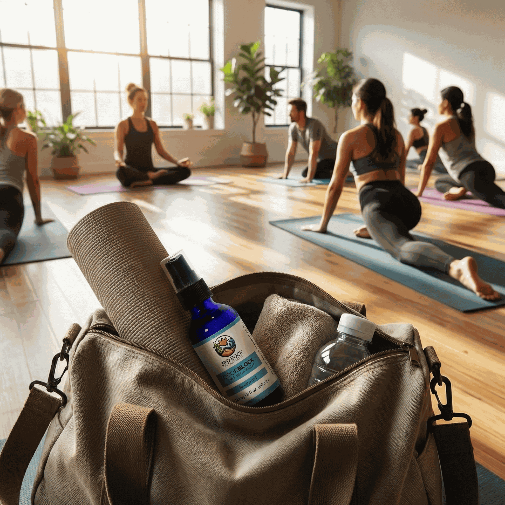 Unscented body deodorant spray bottle inside a gray carry bag.