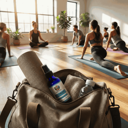 Unscented body deodorant spray bottle inside a gray carry bag.