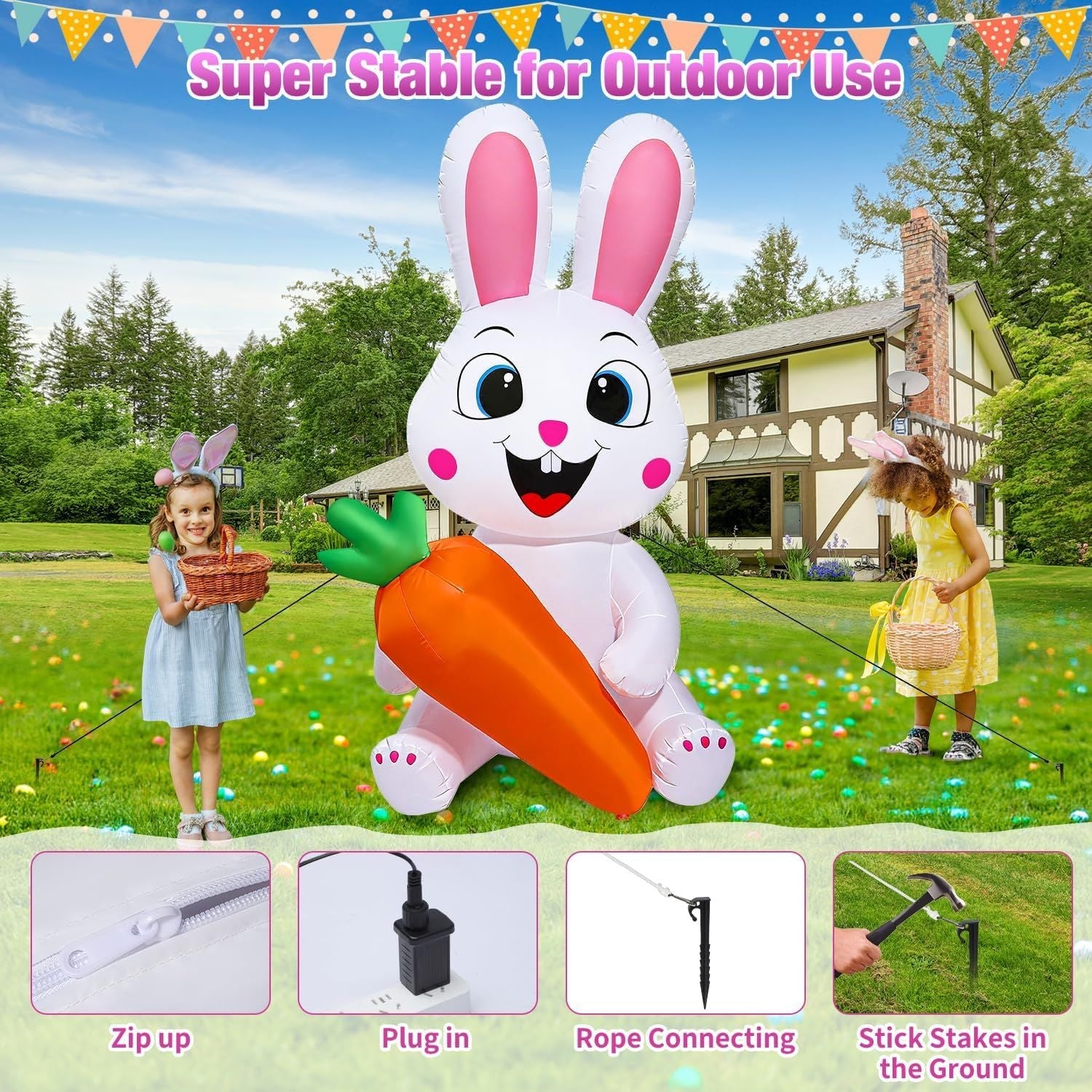 5 Ft Easter Inflatables Easter Decorations, Blow up Easter Bunny with LED Lights Baskets Light up Easter Decor, Easter Decorations for Home Holiday Party Indoor Outdoor Garden Lawn - Renee Lane Company