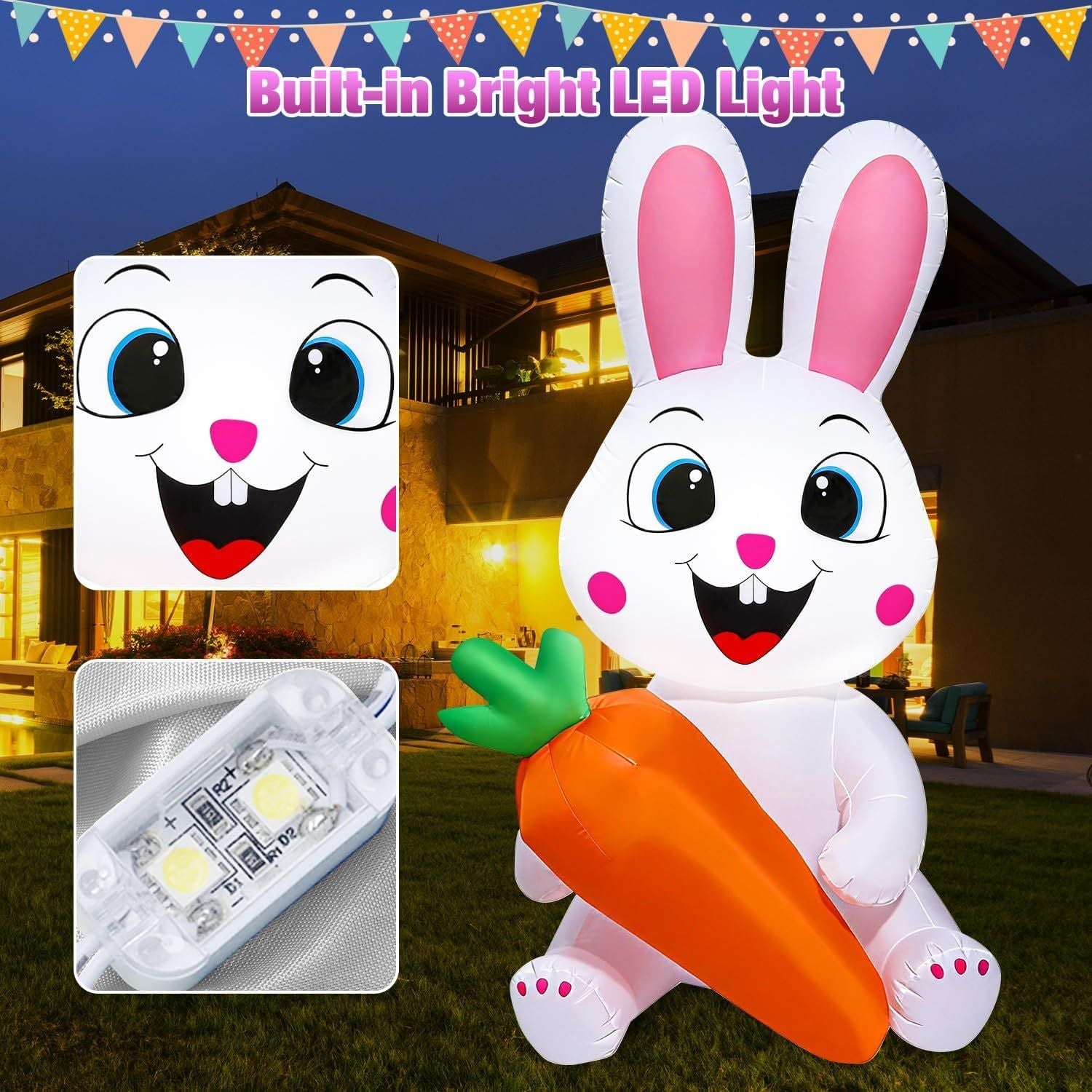5 Ft Easter Inflatables Easter Decorations, Blow up Easter Bunny with LED Lights Baskets Light up Easter Decor, Easter Decorations for Home Holiday Party Indoor Outdoor Garden Lawn - Renee Lane Company