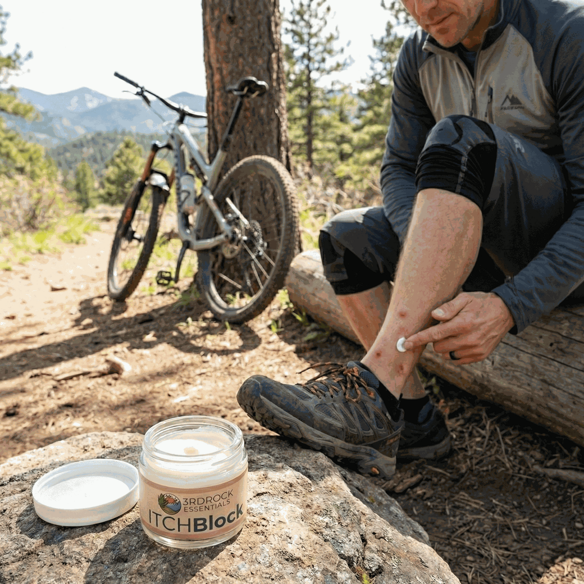 Itch relief cream jar with open lid beside man's knee, ready to apply