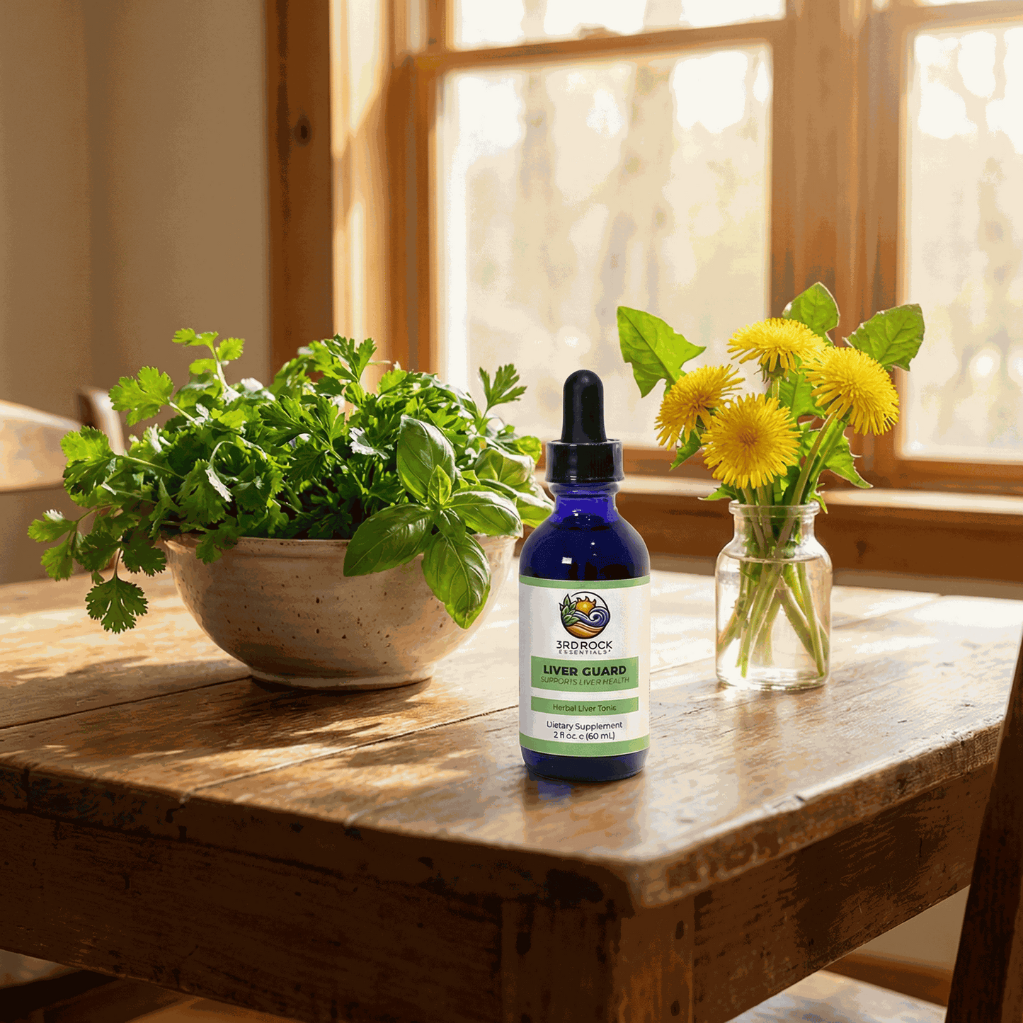 Liver Guard supplement bottle on wooden table with flowers, dark blue glass and green label