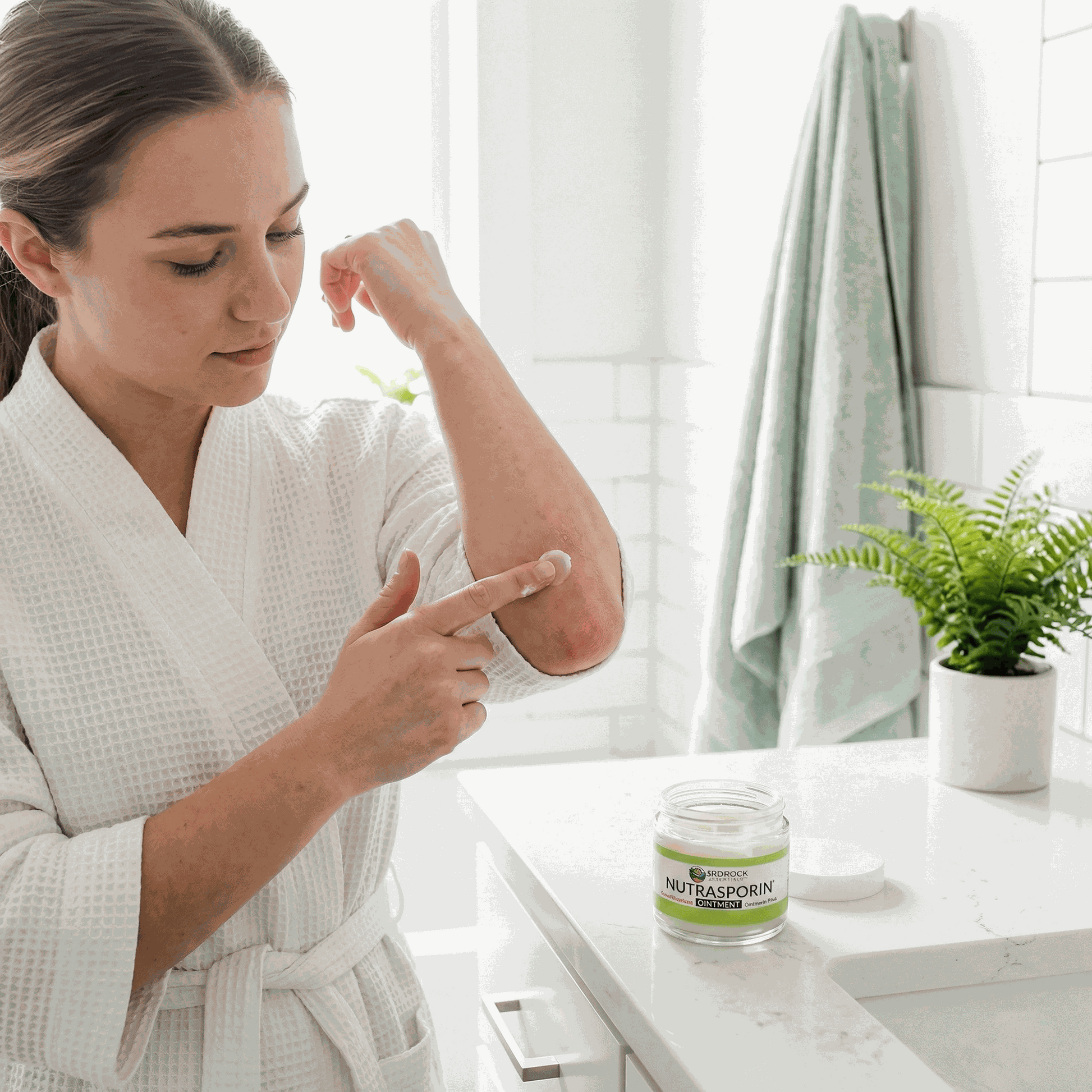 Nutrasporin ointment jar on bathroom counter as a woman applies ointment to a sore spot