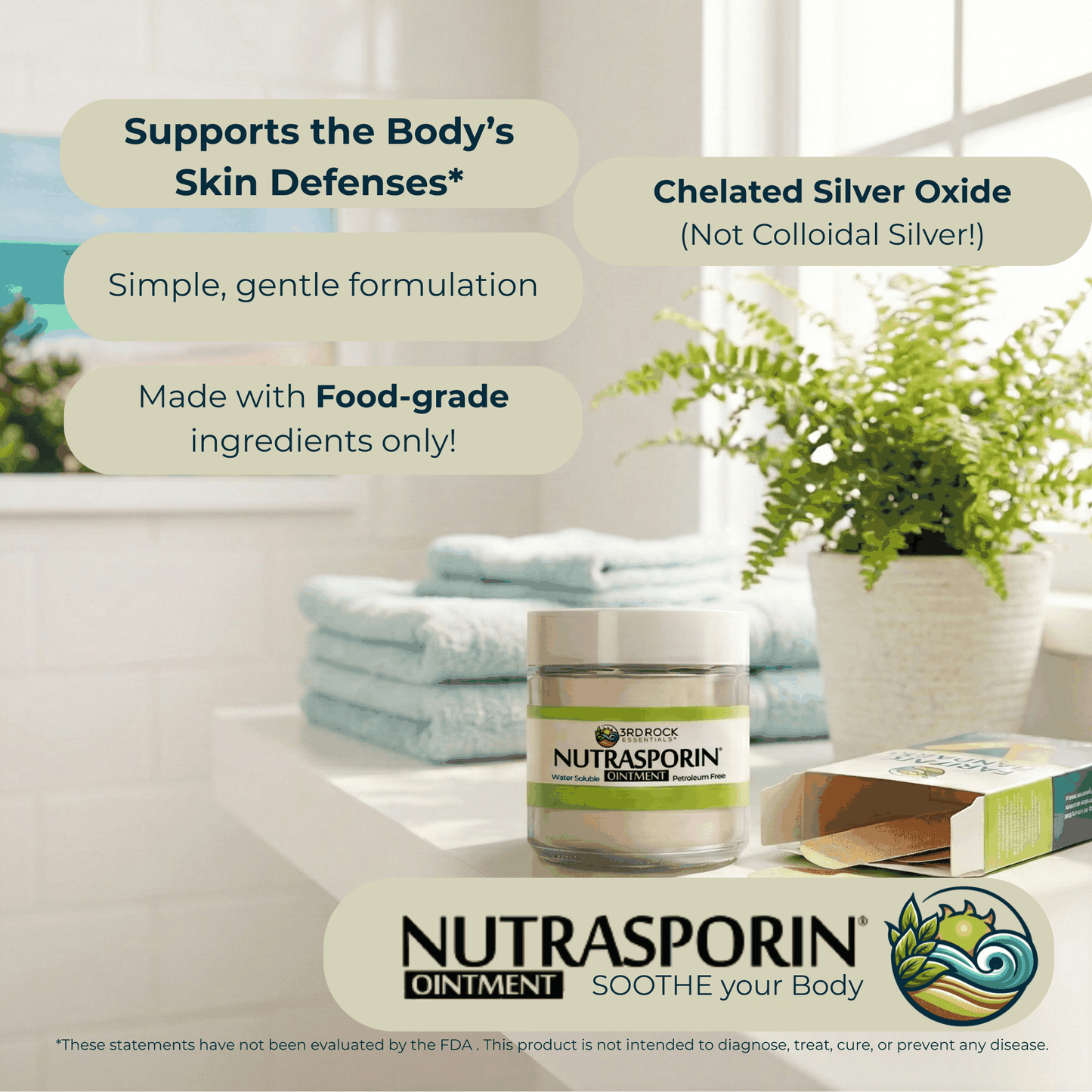 Nutrasporin ointment jar on bathroom counter with towels and product box