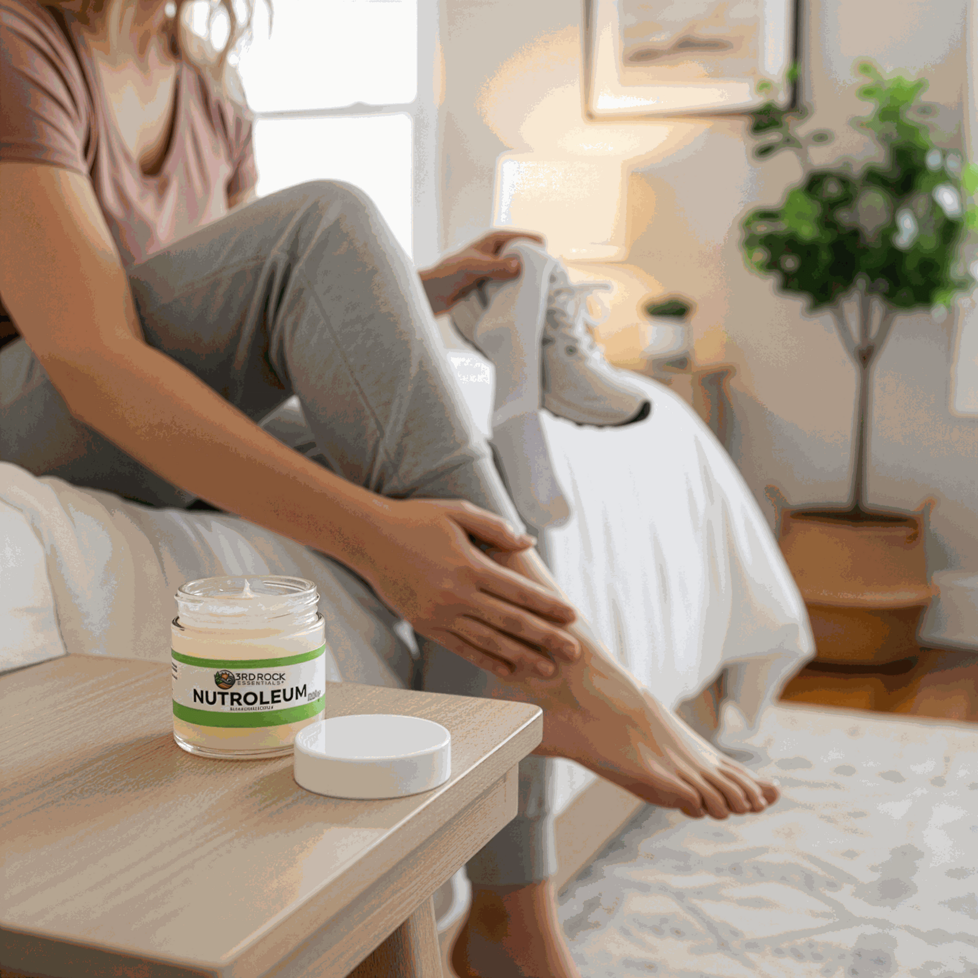 Water-soluble jelly jar on nightstand beside seated person, white lid open