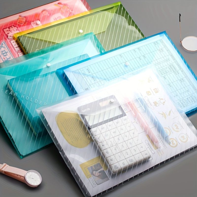 5 Pcs/10 Pcs A4 Transparent Plastic Envelope File Bag, A4 Transparent File Bag, Document Data Storage Bag With Snap Button, For Office Data Storage, Document Stationery Tools Organizing Sorting - Renee Lane Company