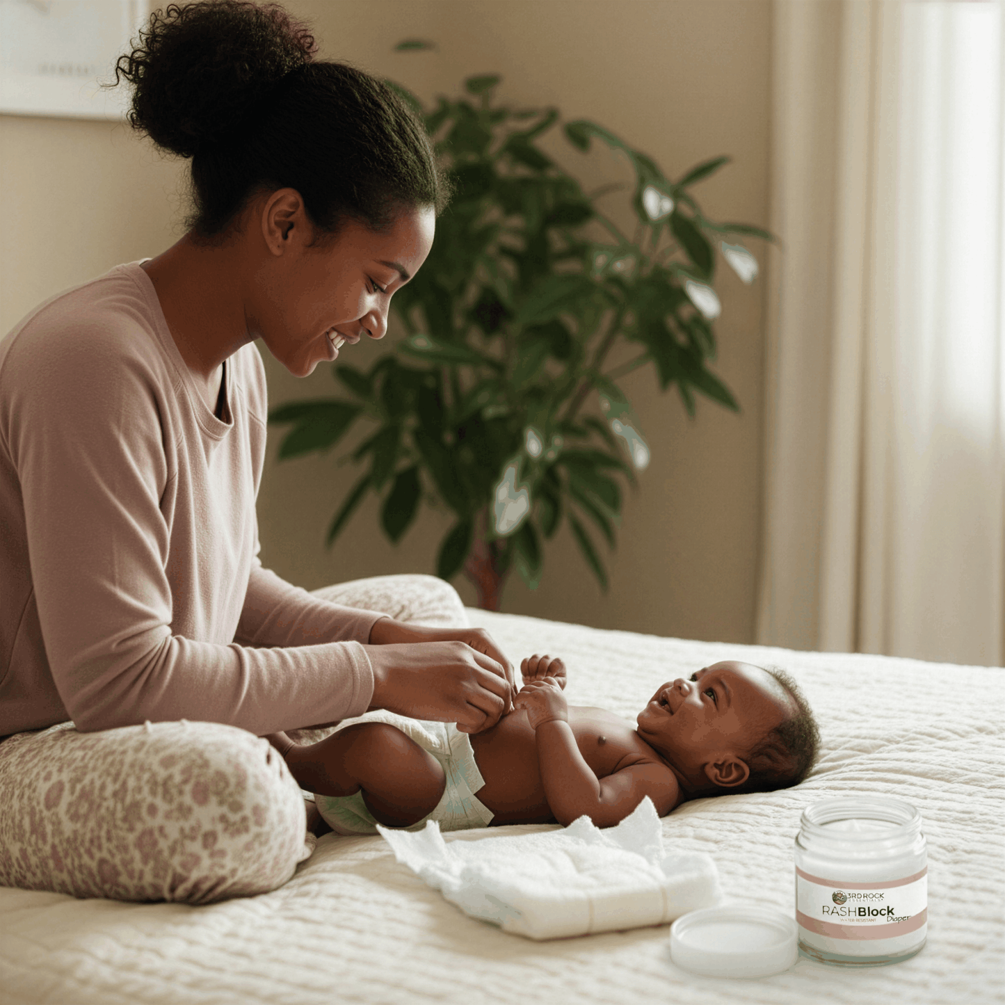 Caregiver applying diaper gel to a baby during a diaper change