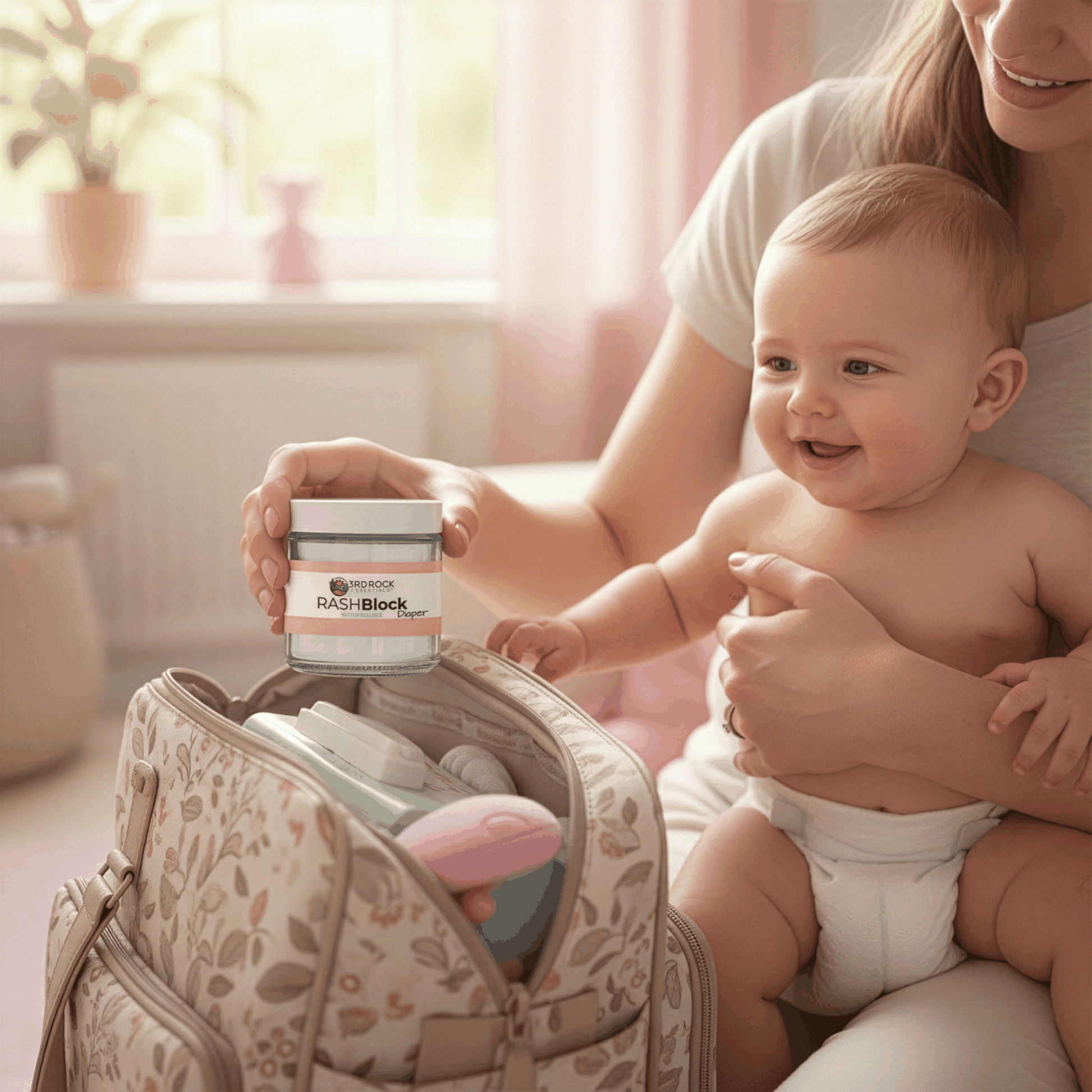 RASHBlock Diaper water-soluble ointment jar held upright in hand