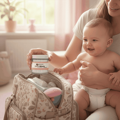 RASHBlock Diaper water-soluble ointment jar held upright in hand