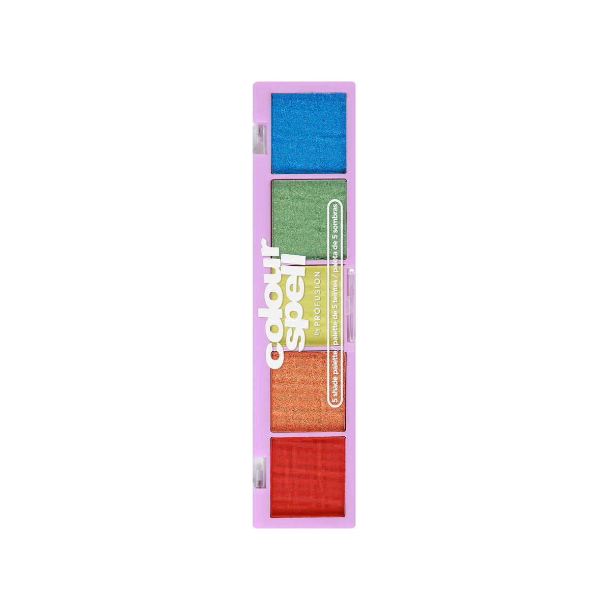 5-shade eyeshadow palette with five colored pans (blue, green, orange, red, purple)