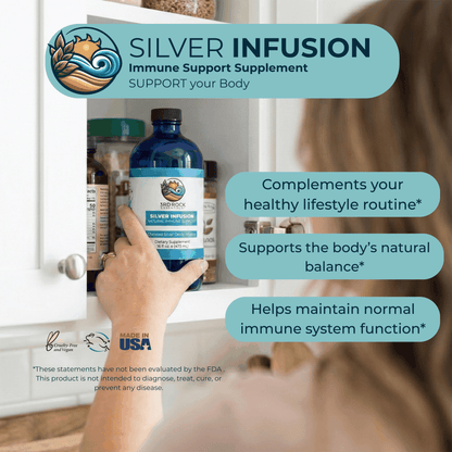 Silver infusion immune support supplement bottle with dropper bottle nearby