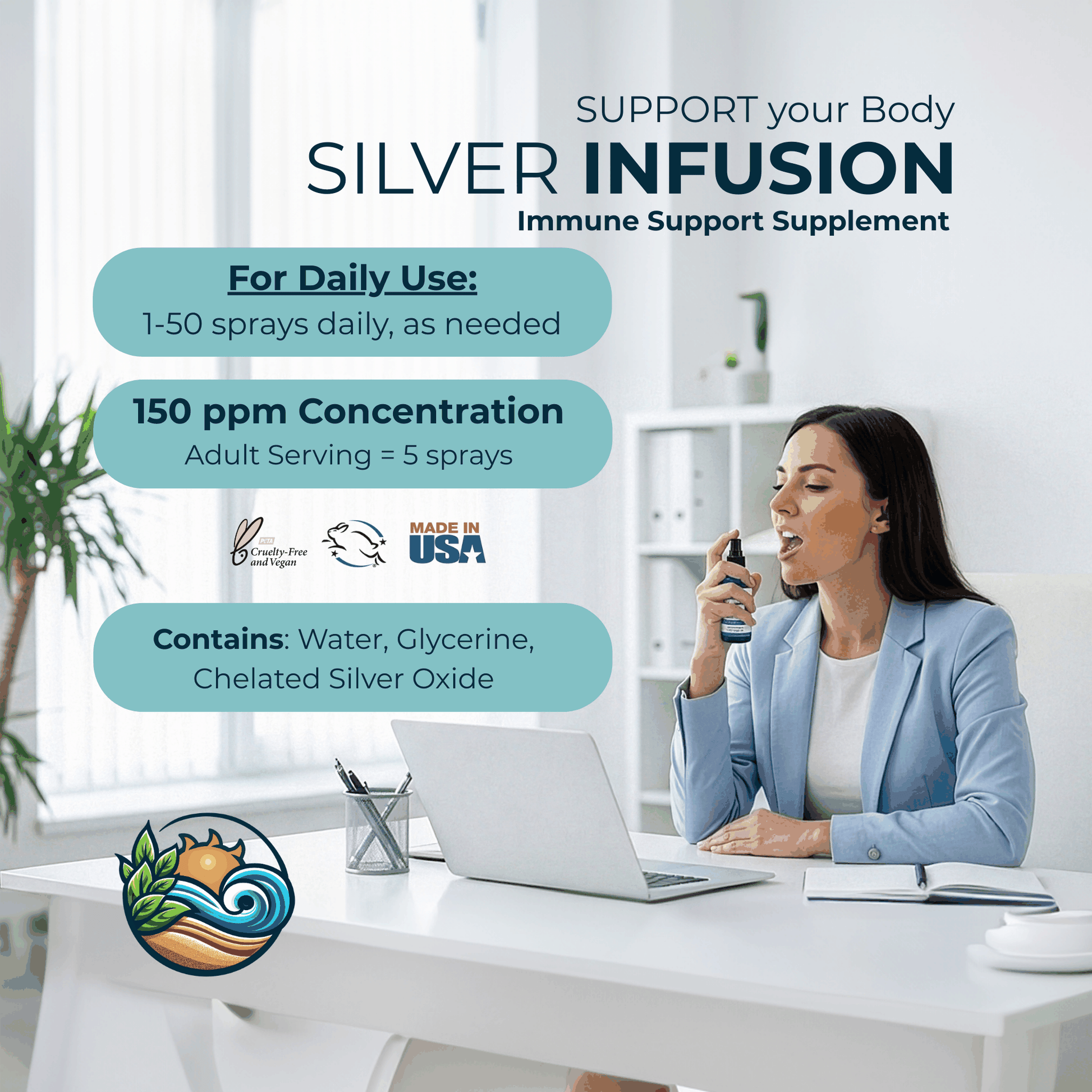 Silver infusion spray supplement bottle with black mist pump, 150 ppm.