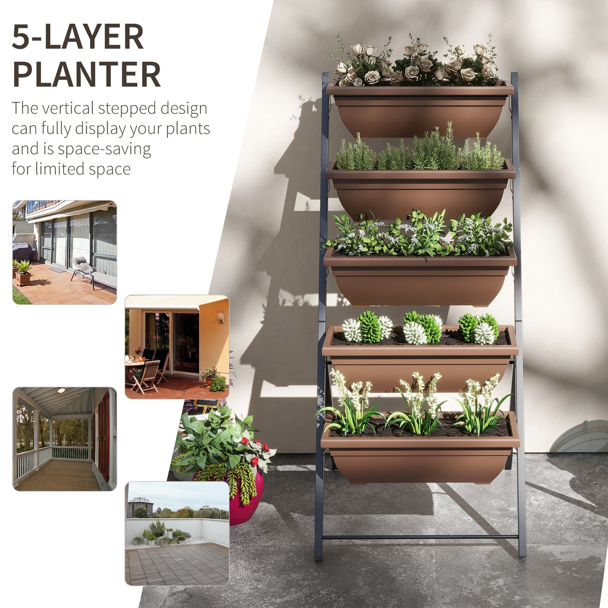 5-Tier Raised Garden Bed with 5 Planter Box, Outdoor Plant Stand Grow Containers with Leaking Holes, Brown - Renee Lane Company