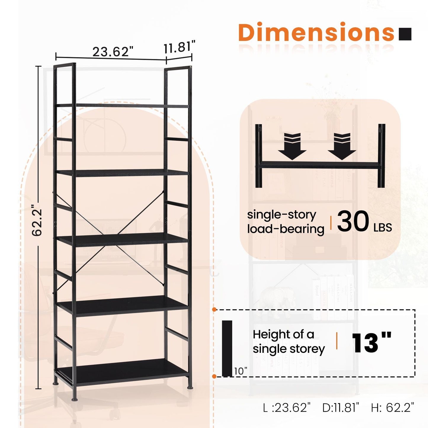 5 Tiers Bookshelf, Classically Modern Book Shelf, Book Rack, Storage Rack Shelves in Living Room/Home/Office - Renee Lane Company