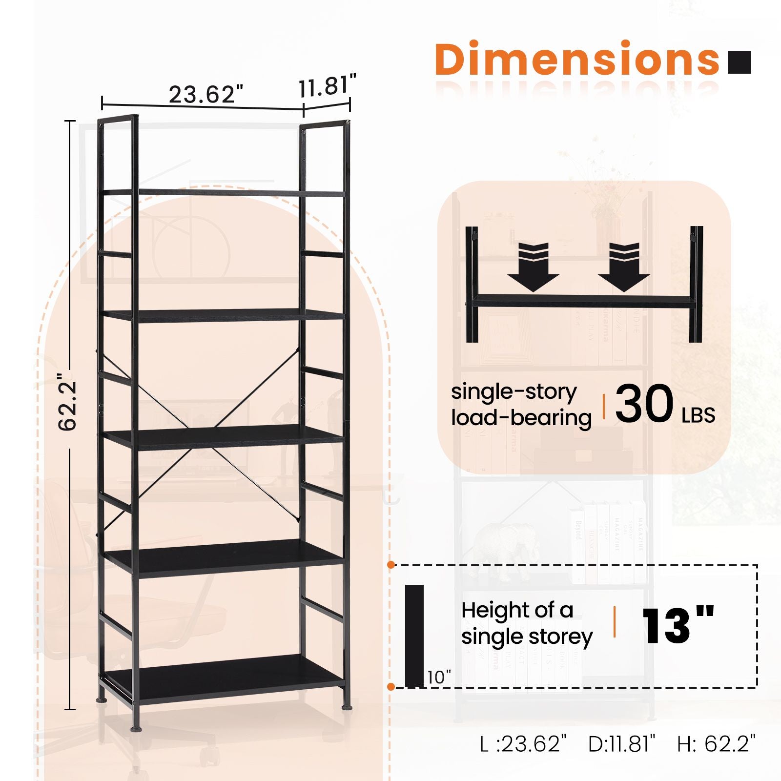 5 Tiers Bookshelf, Classically Modern Book Shelf, Book Rack, Storage Rack Shelves in Living Room/Home/Office - Renee Lane Company