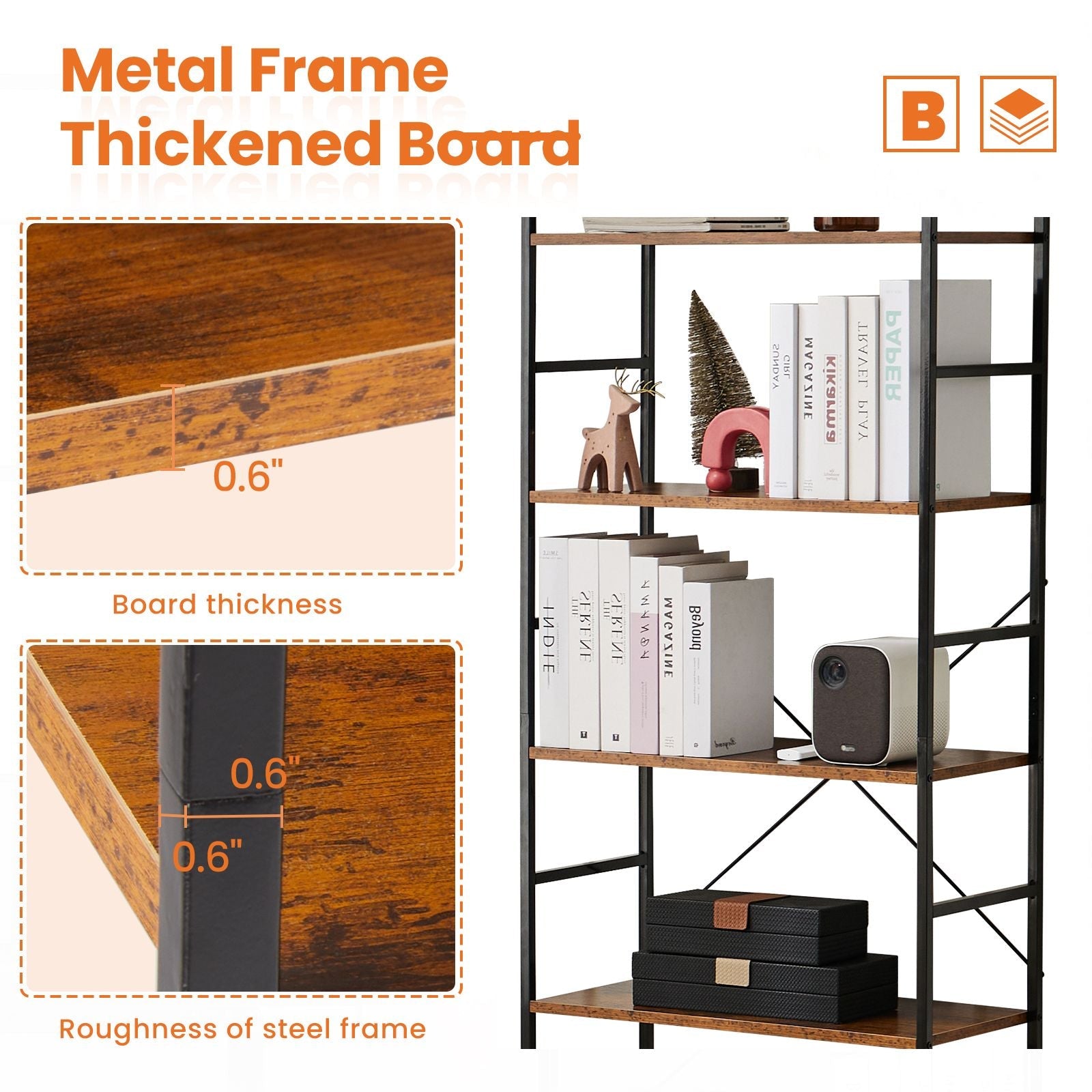 5 Tiers Bookshelf, Classically Modern Book Shelf, Book Rack, Storage Rack Shelves in Living Room/Home/Office - Renee Lane Company