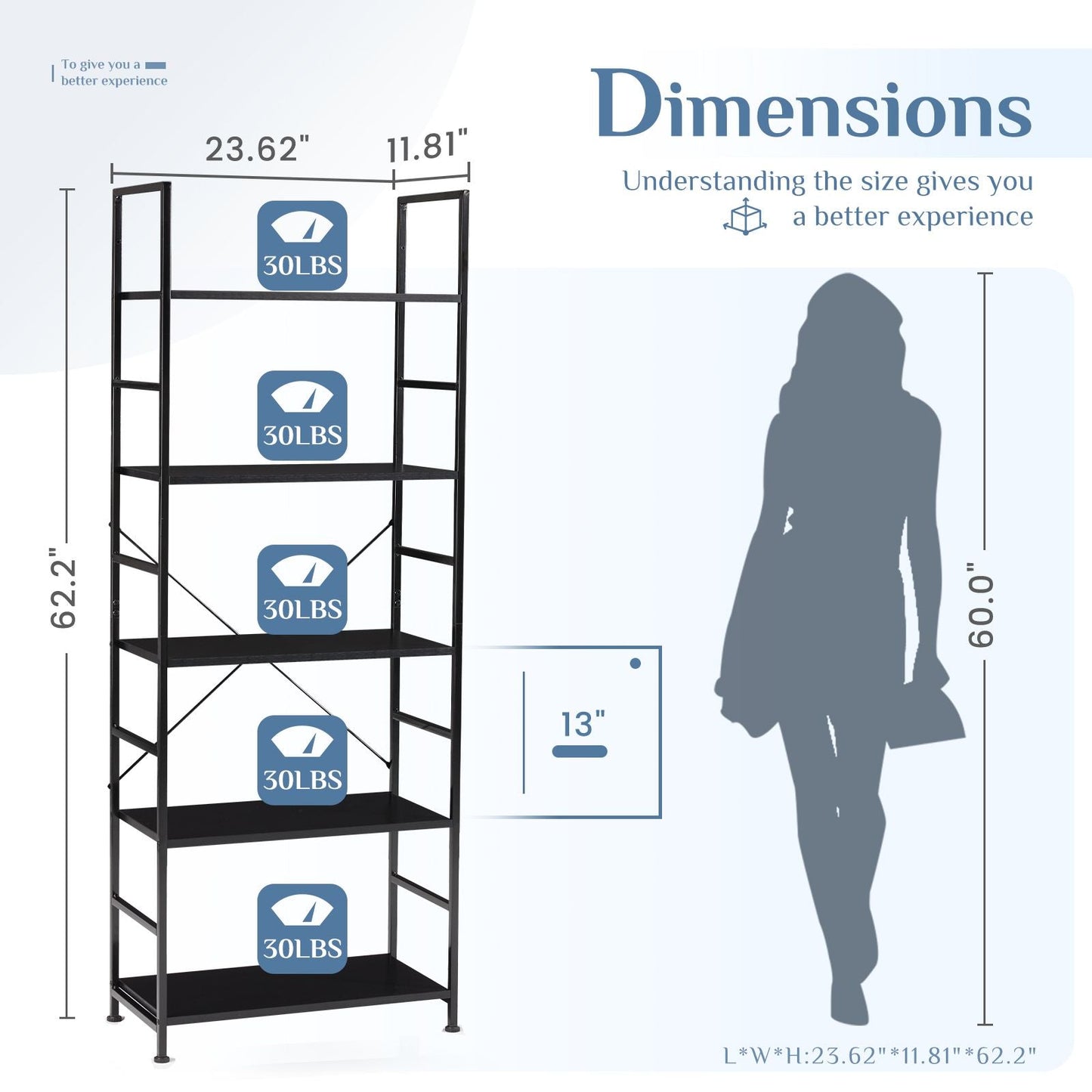 5 Tiers Bookshelf, Classically Modern Book Shelf, Book Rack, Storage Rack Shelves in Living Room/Home/Office - Renee Lane Company