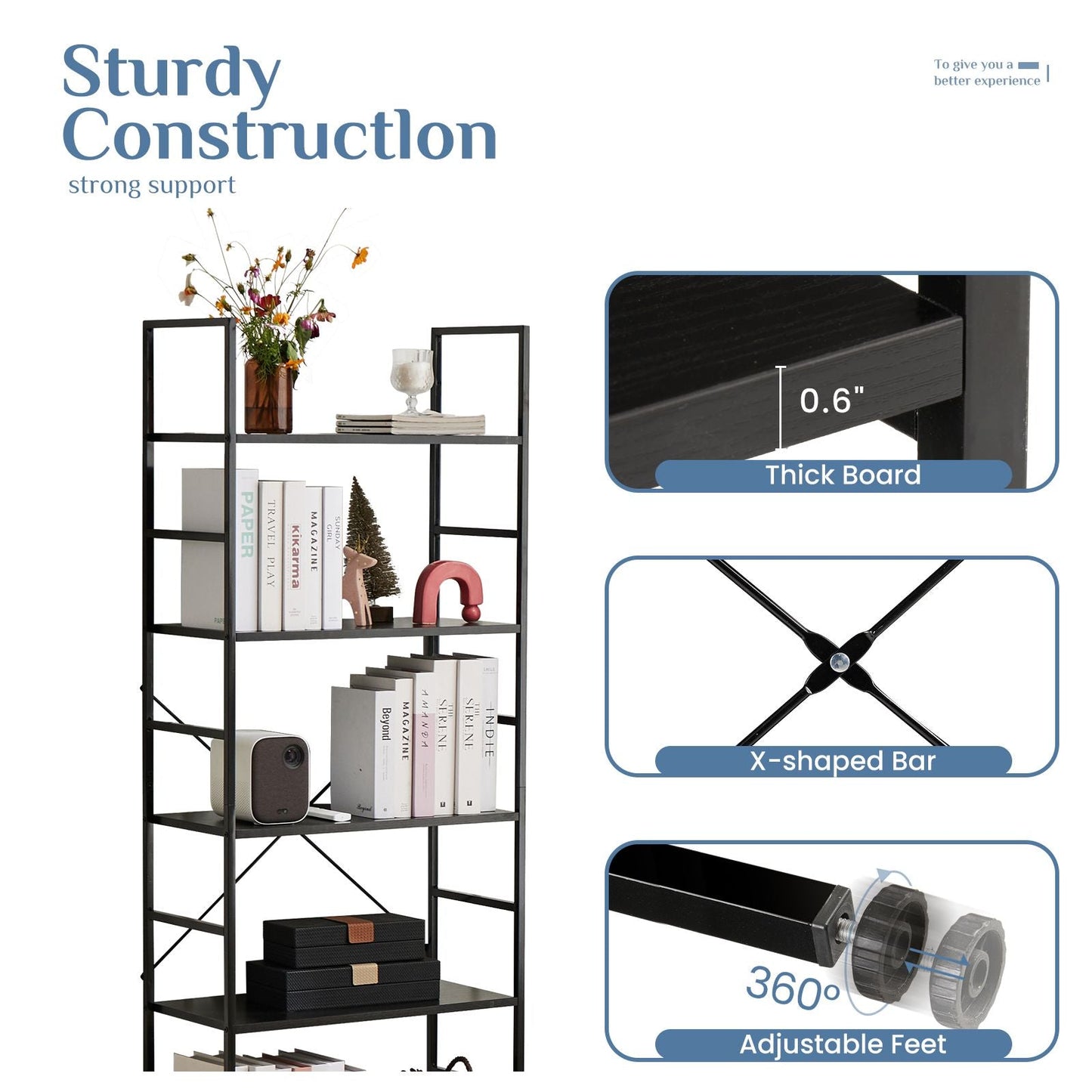 5 Tiers Bookshelf, Classically Modern Book Shelf, Book Rack, Storage Rack Shelves in Living Room/Home/Office - Renee Lane Company