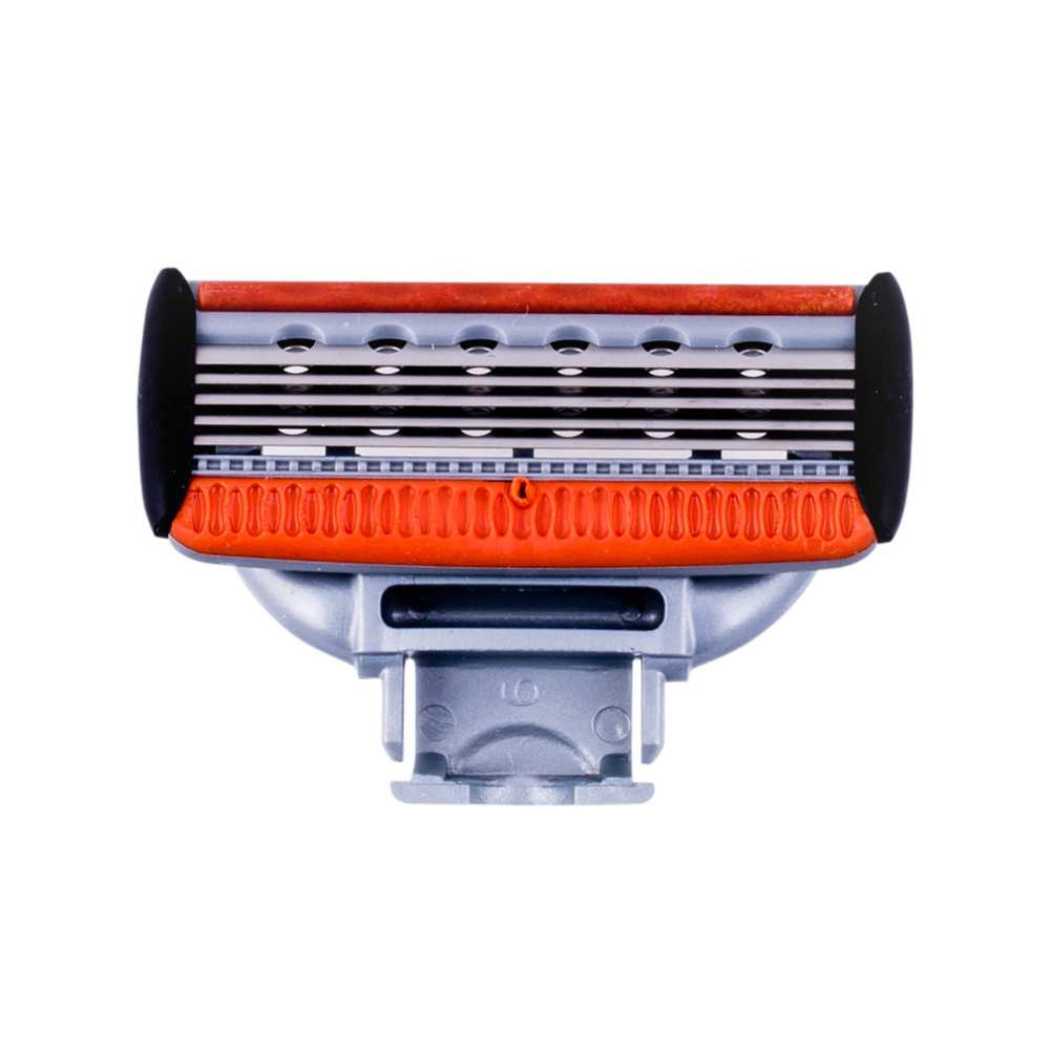 5-blade cartridge razor head with orange guard bar and black side tabs