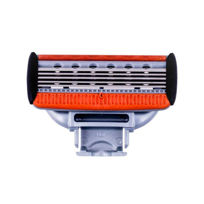 5-blade cartridge razor head with orange guard bar and black side tabs